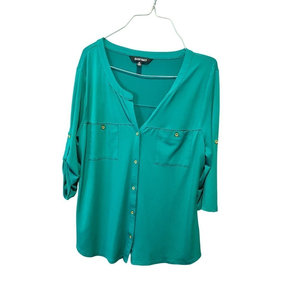 Ellen Tracy Button-Up Blouse Top Women's M Green 3/4-Sleeve Round Neck Polyester